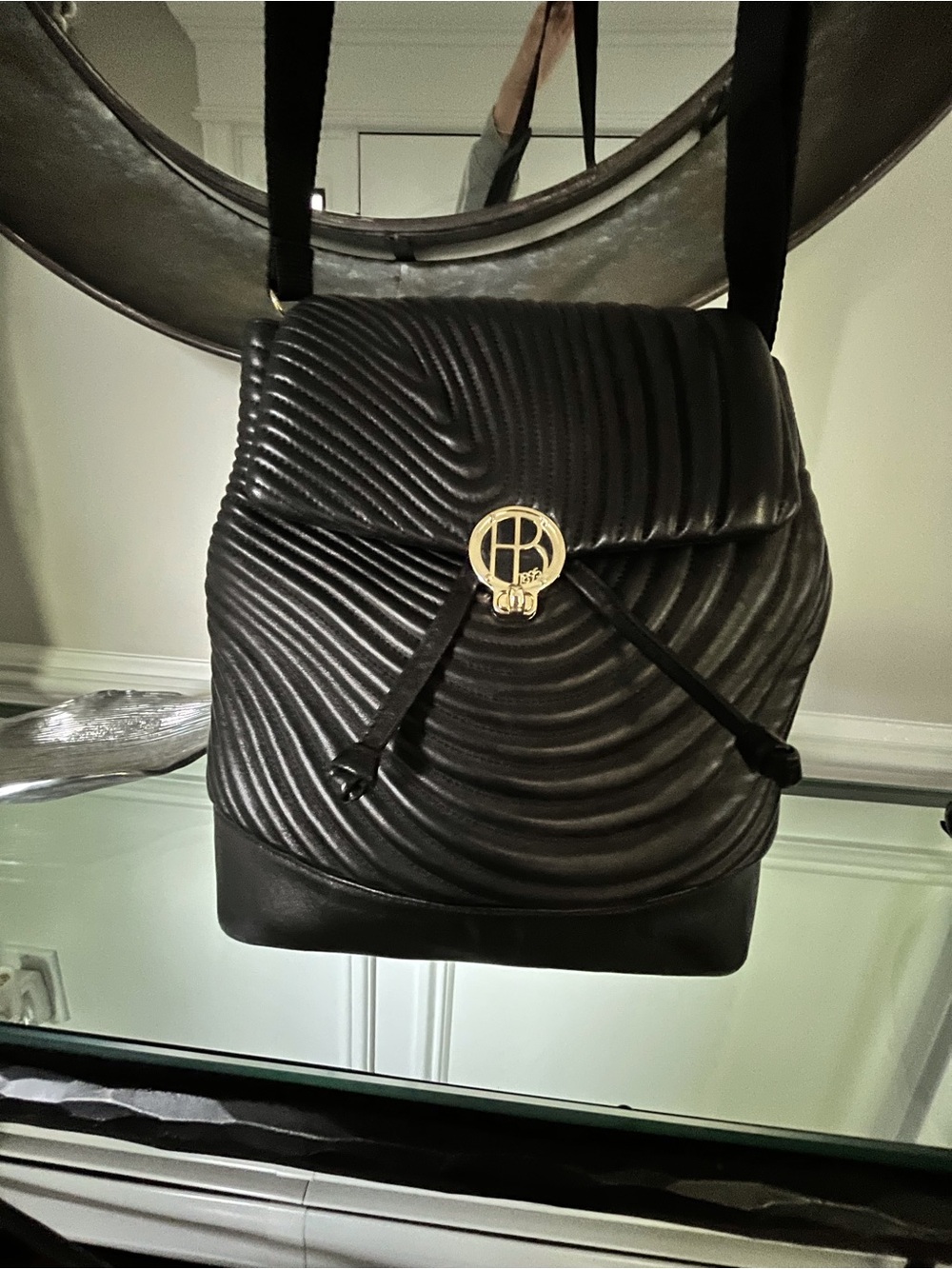 Henri Bendel Black Quilted Wave Leather Backpack with Gold Logo